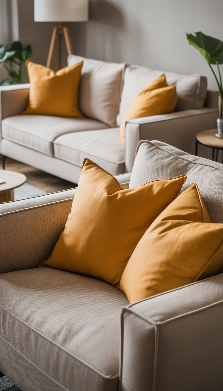 A living room with neutral-colored sofas and mustard yellow pillows.