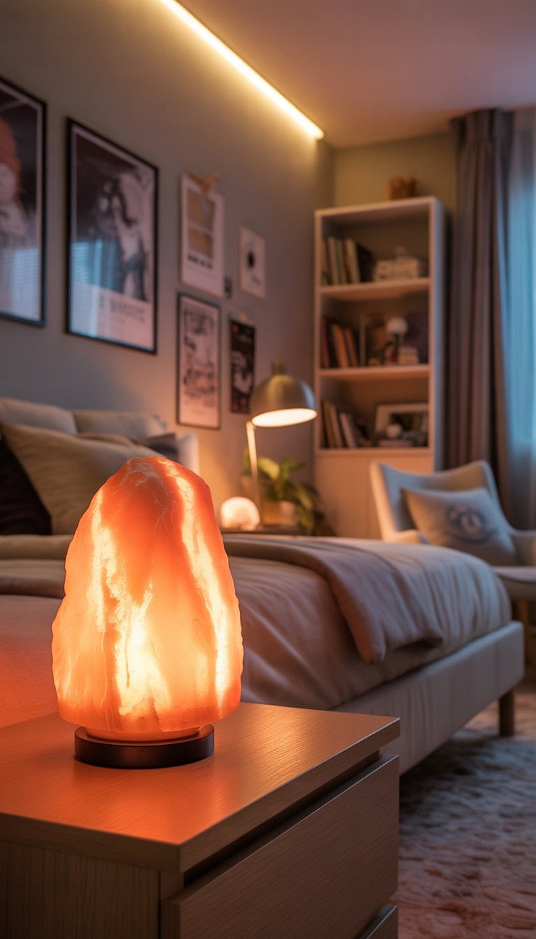 A teenage boy's bedroom with a glowing Himalayan salt lamp on a nightstand, a made bed, and shelves with books.