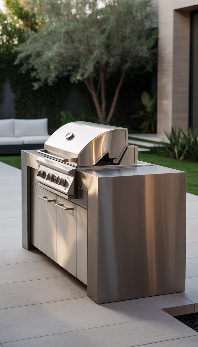 An outdoor grill island with stainless steel accents set in a backyard patio area.