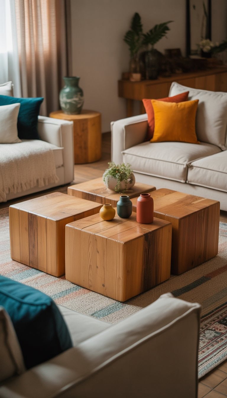 A living room with large pine wood coffee tables surrounded by neutral-colored sofas and colorful throw pillows.