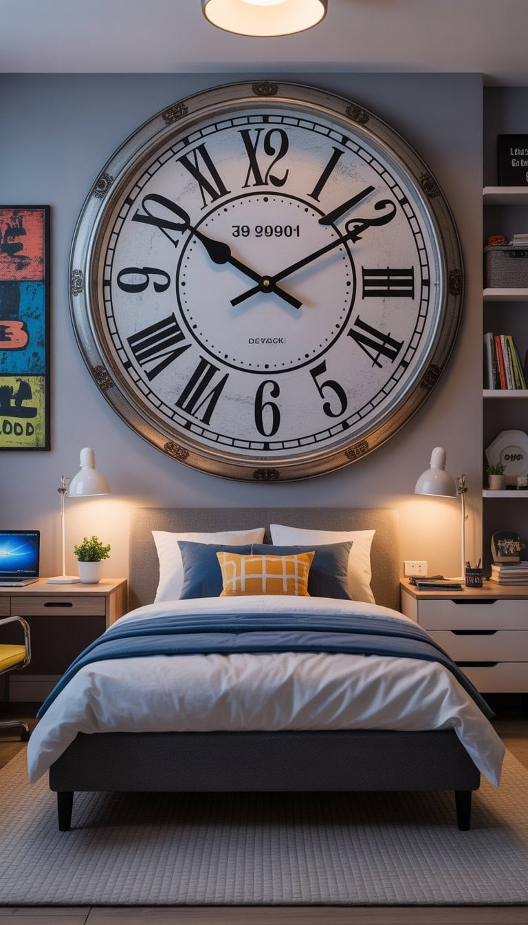A teenage boy's bedroom with an oversized vintage wall clock above the bed, a desk with a laptop, shelves with books, and natural light coming through a window.