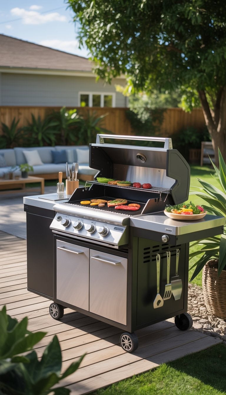 A portable grill station on wheels outdoors on a wooden deck with grilling tools and fresh vegetables nearby.