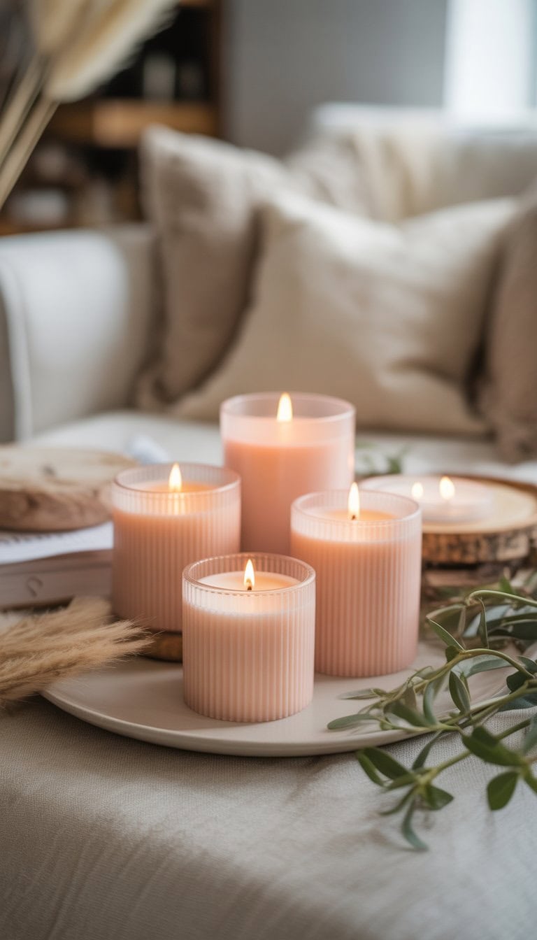 A cozy interior scene with soft blush pink candles in holders on a neutral surface surrounded by home decor items.