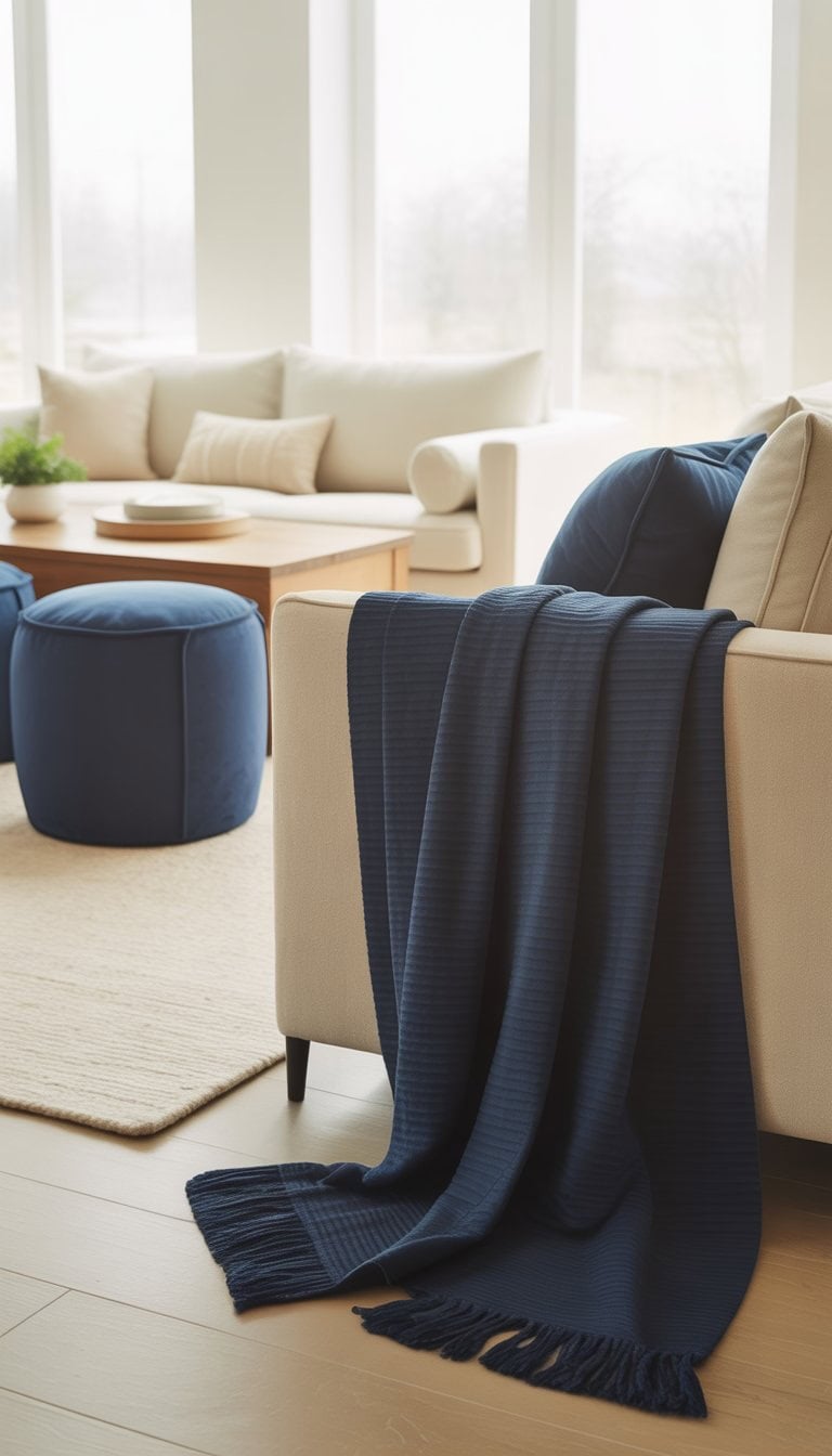 Living room with beige sofa, navy blue throw blankets and ottomans, light wood floor, and natural light from large windows.