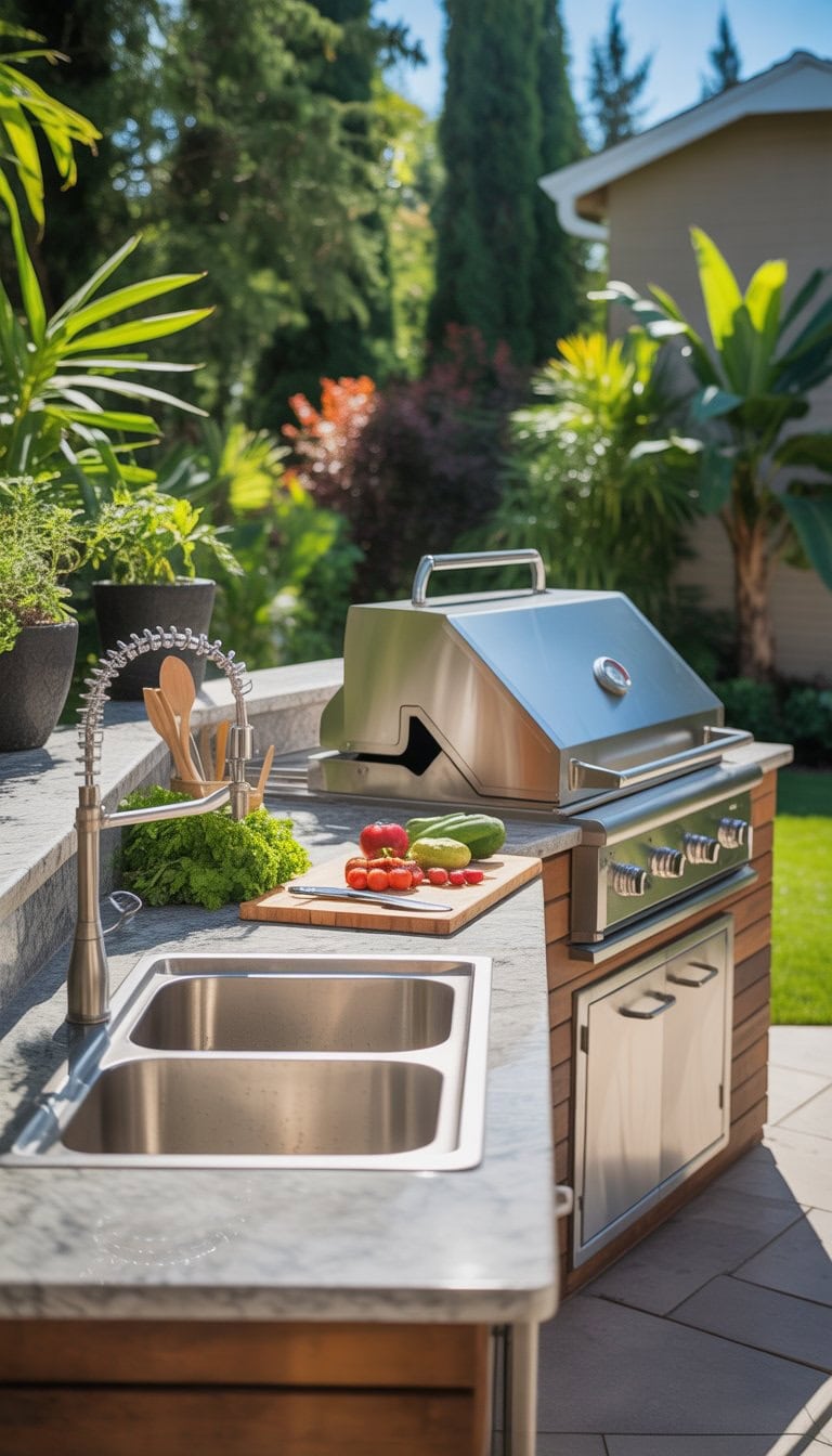 Outdoor kitchen with sink, prep area, and built-in grill in a backyard setting.