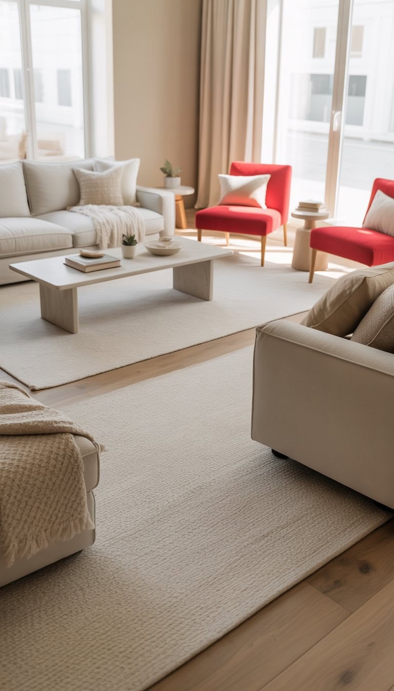 A living room with neutral colors and two red accent chairs, natural light, and simple furniture.