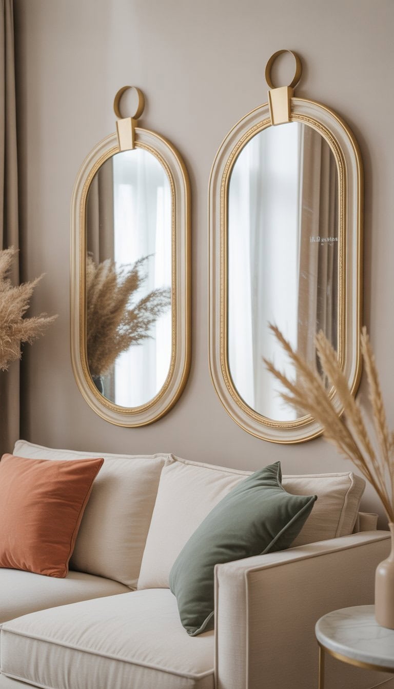 A room with oversized beige and gold mirrors hanging on a neutral-colored wall, featuring subtle colorful accents in the decor.