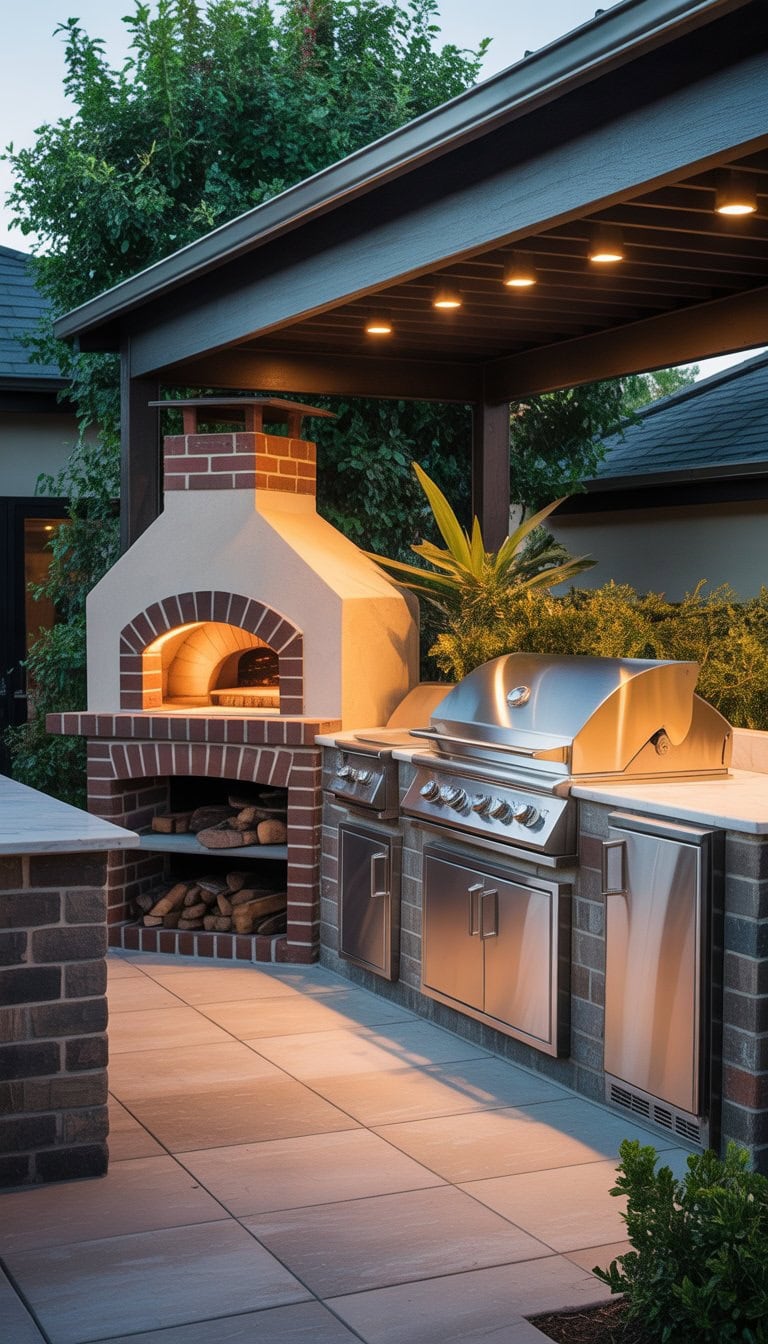 Outdoor kitchen with a built-in pizza oven next to a grill station on a stone countertop in a backyard patio.
