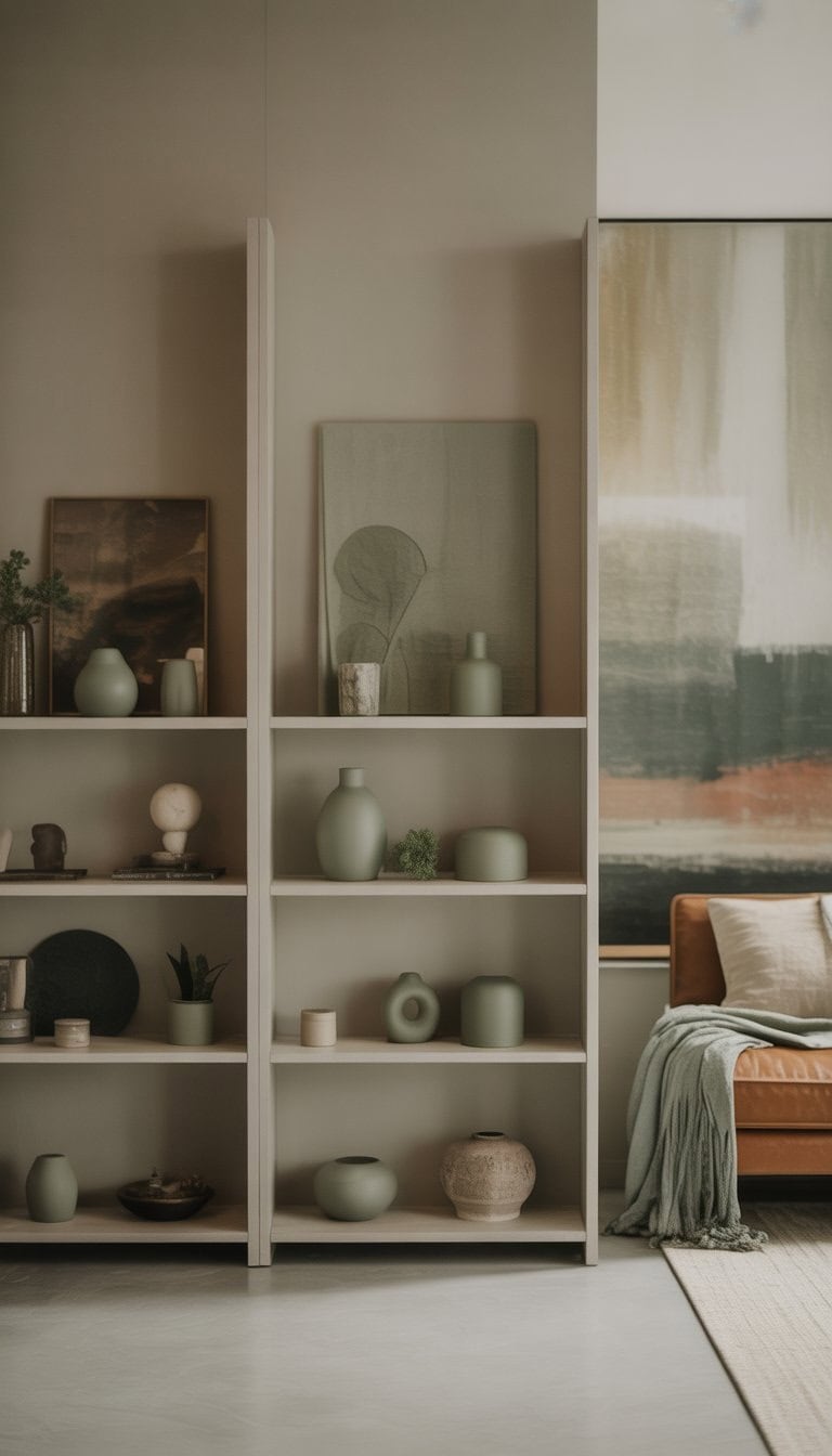 Minimalist shelving units with green decor pieces arranged on neutral-colored walls in a bright room.