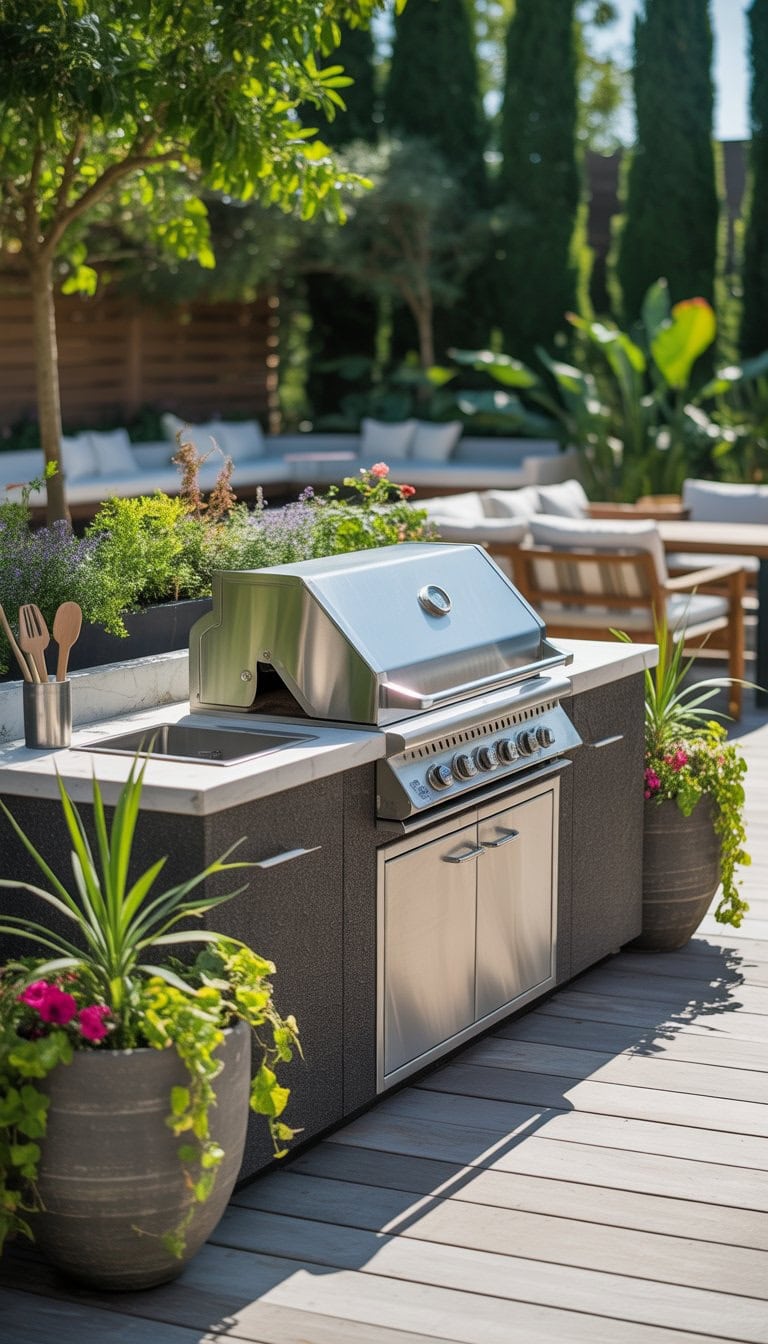 An outdoor grill station surrounded by planter boxes filled with green plants and flowers in a backyard setting.