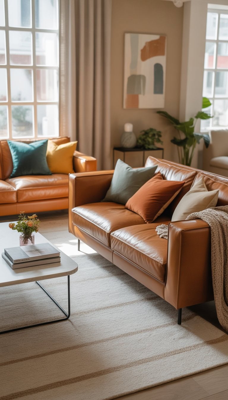 A living room with caramel leather sofas, neutral walls, colorful throw pillows, a coffee table with flowers and books, and natural light coming through windows.