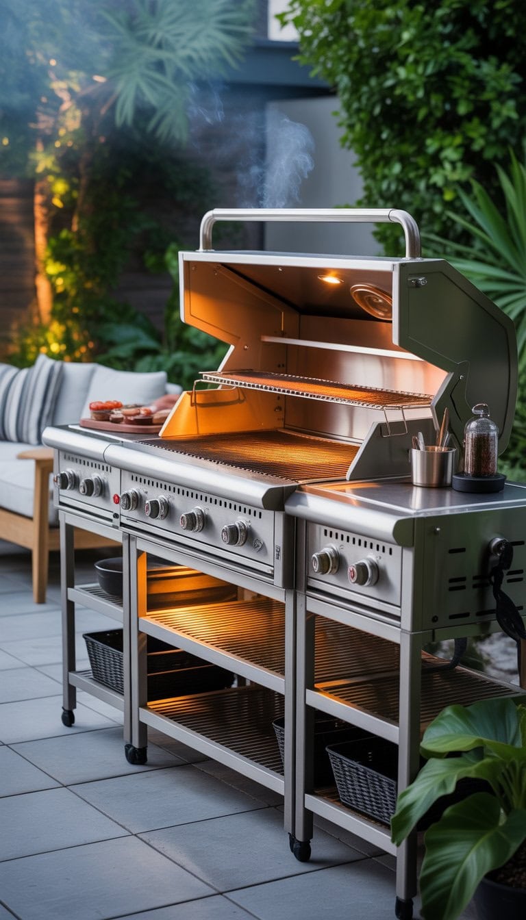 A multi-tiered outdoor grill station with multiple cooking levels and shelves in a backyard patio setting.