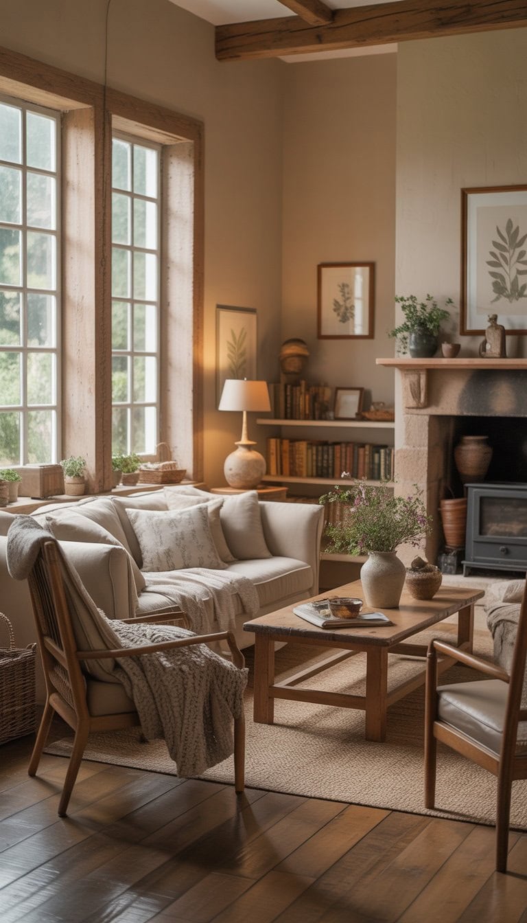 A cozy living room with a sofa, armchair, stone fireplace, wooden beams, and natural light coming through large windows.