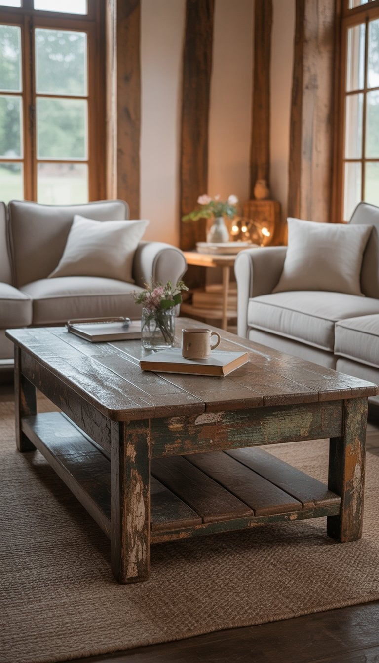 A living room with a distressed wood coffee table surrounded by sofas and soft cushions, illuminated by natural light.