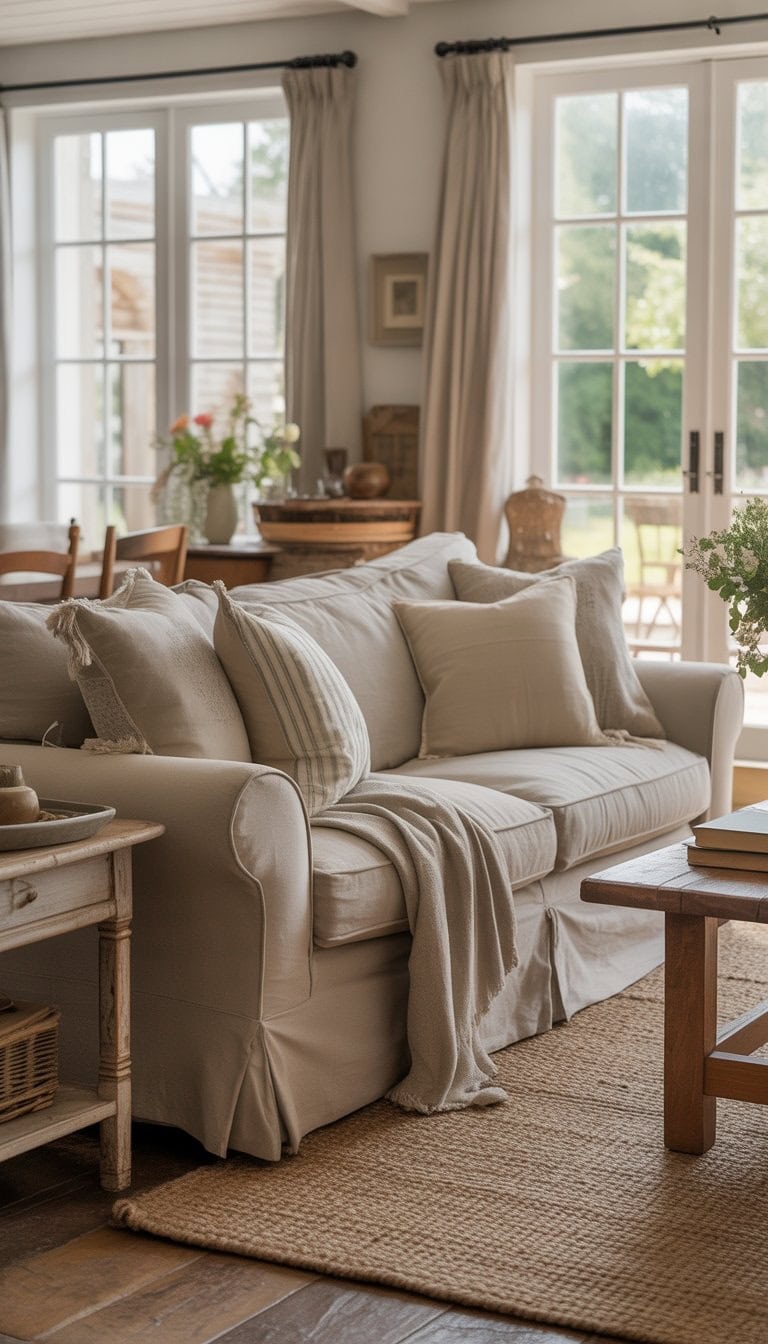 A cozy living room with a large slipcovered sofa, wooden furniture, a coffee table, and natural light coming through windows.