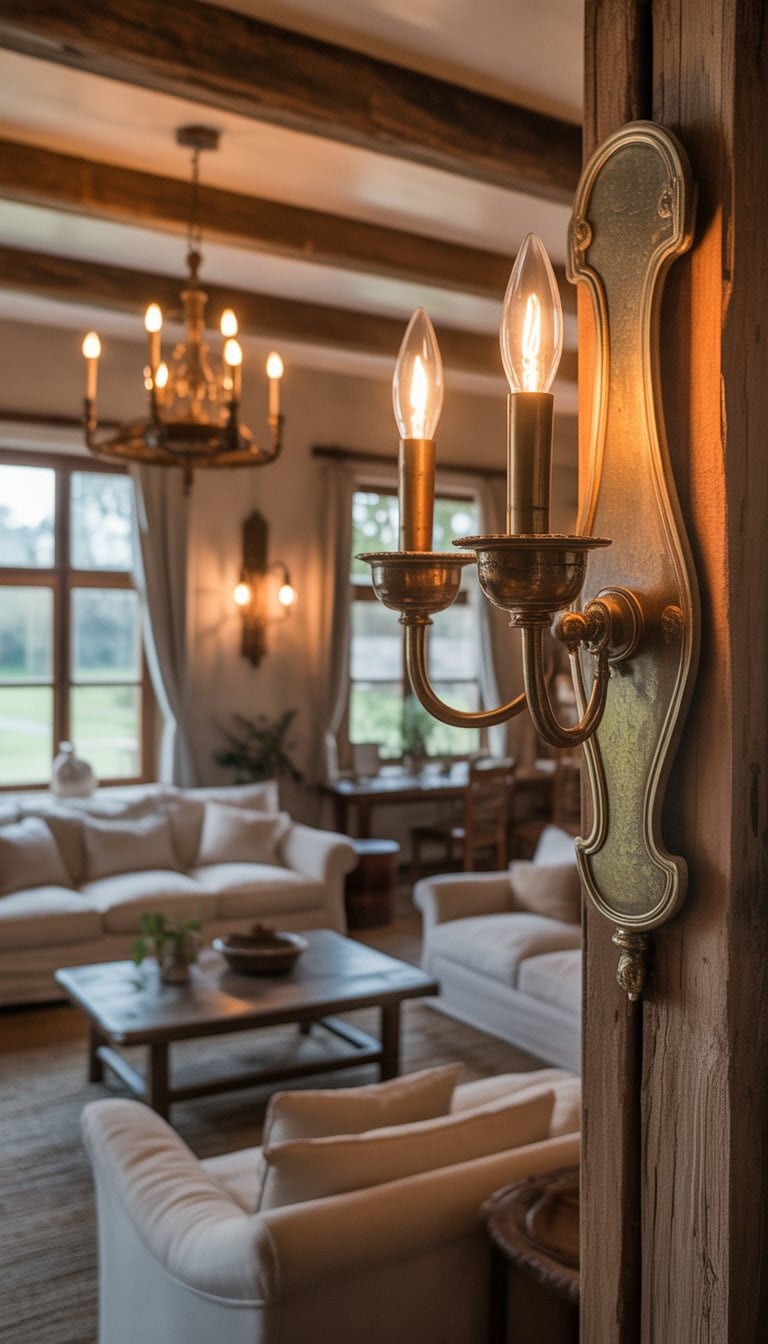 A cozy living room with antique brass light fixtures, comfortable seating, wooden furniture, and soft natural light.