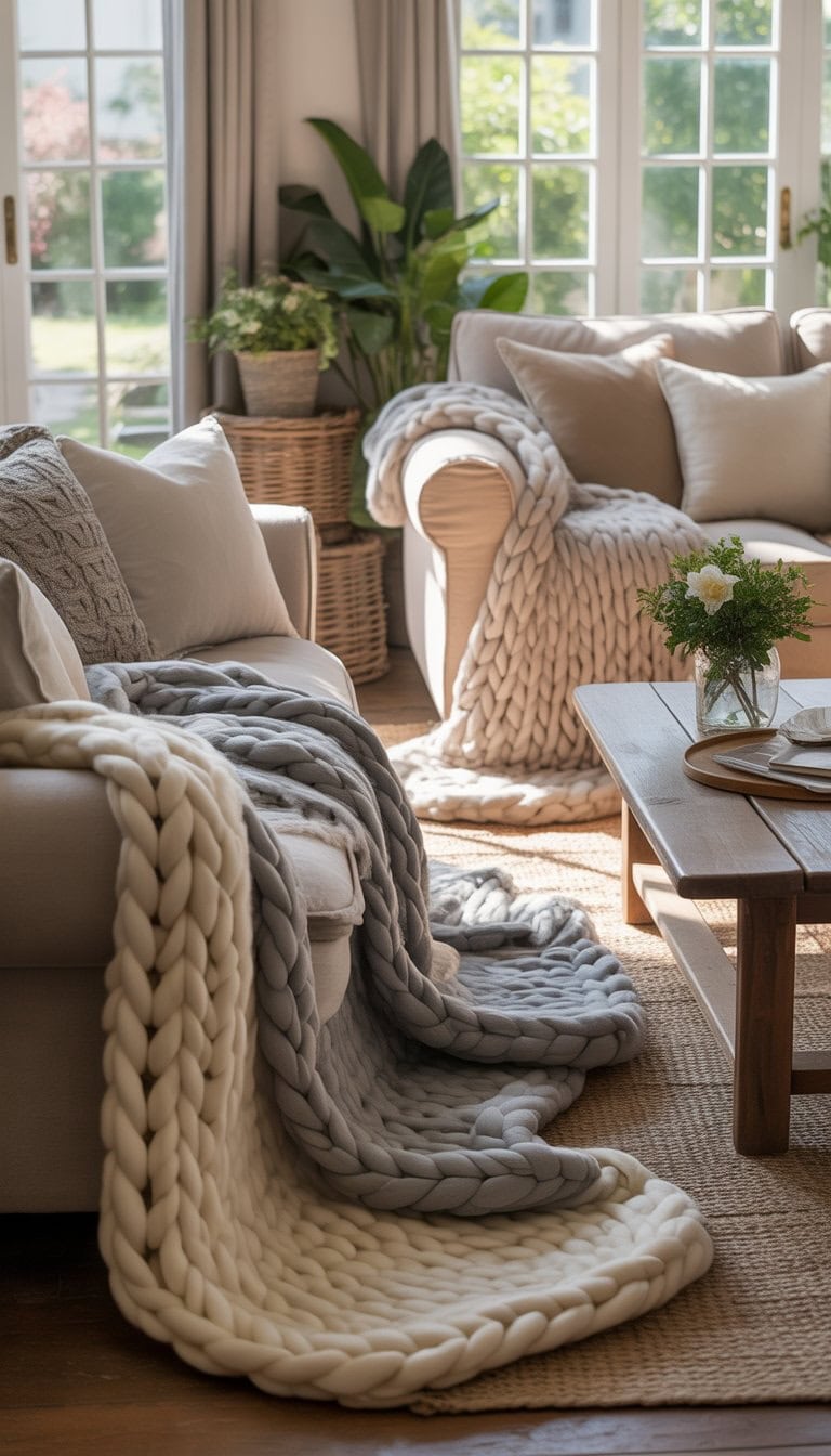 A cozy living room with chunky knit throw blankets in neutral colors draped over a sofa and armchair, surrounded by wooden furniture and natural decor.