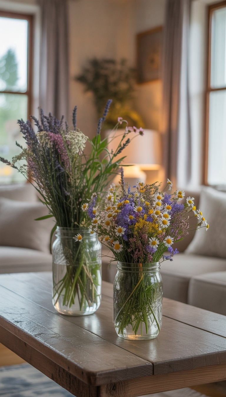 Fresh wildflower arrangements in mason jars on a wooden table inside a country living room.