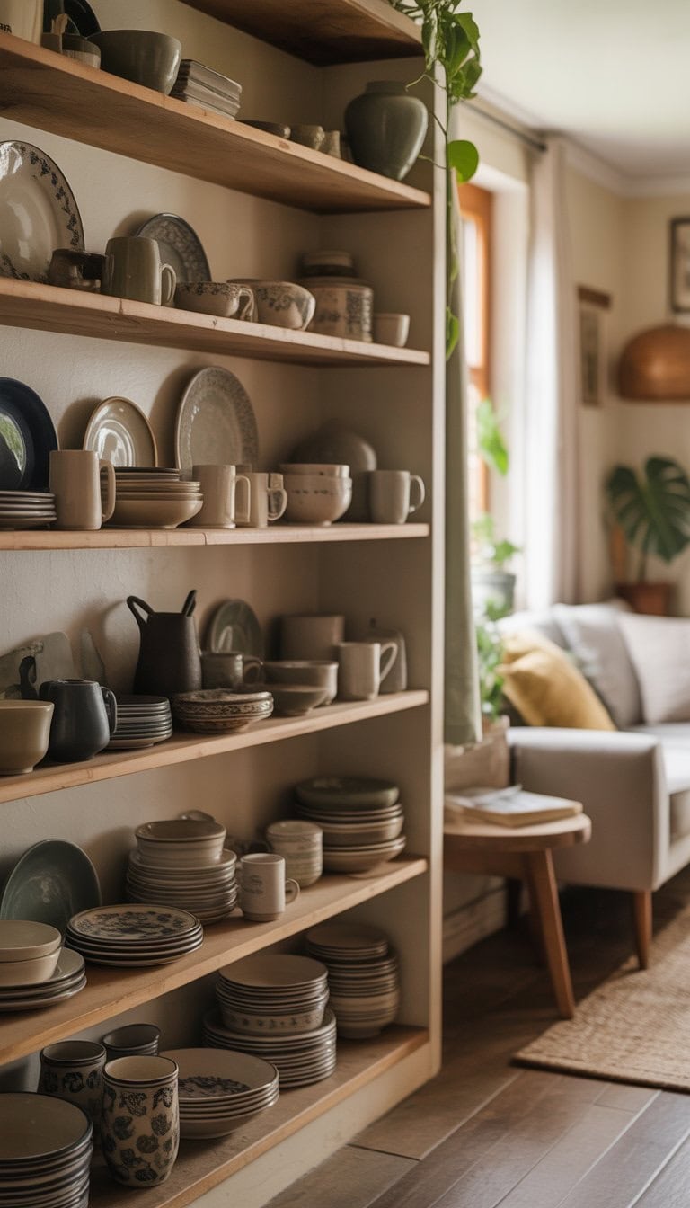Open wooden shelves displaying a variety of mismatched ceramic dishes and vases in a cozy living room.