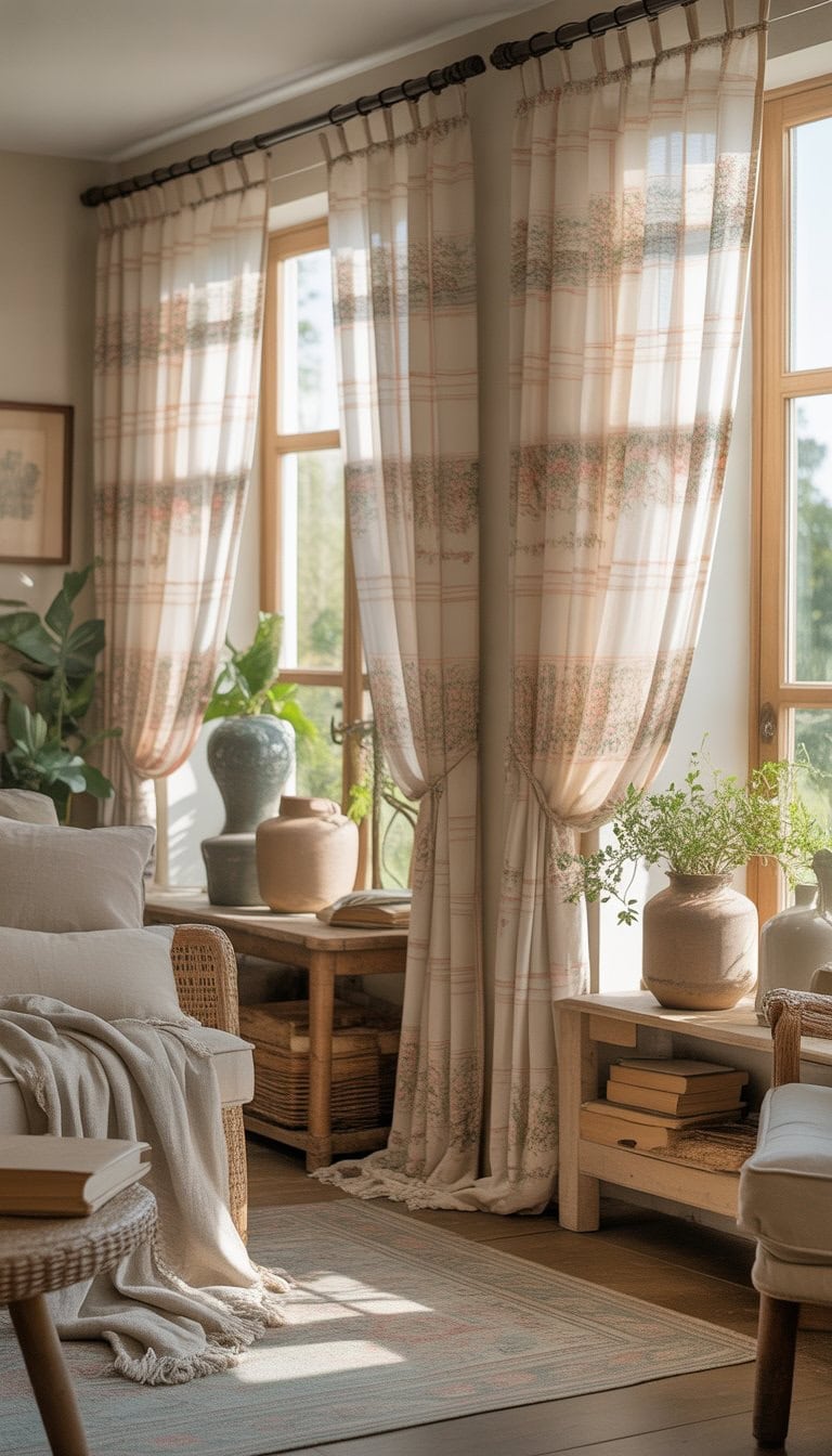 A cozy living room with soft plaid and floral curtains, comfortable seating, wooden furniture, and natural light coming through the windows.
