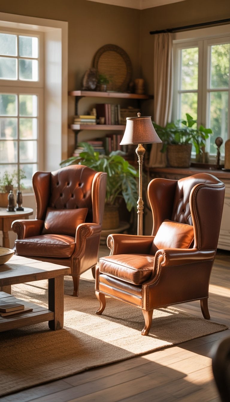 A cozy living room with two leather wingback chairs around a wooden coffee table, illuminated by natural light from large windows.