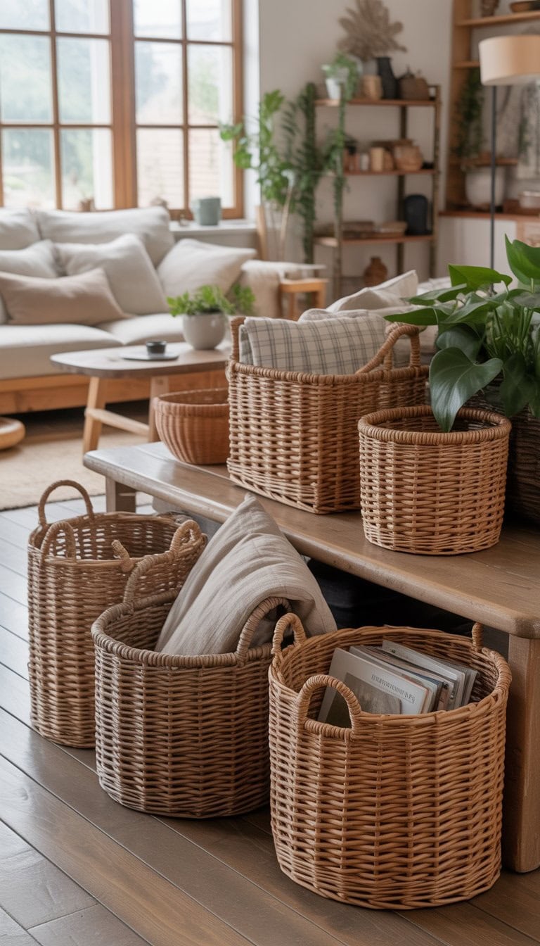 A cozy living room with woven baskets used for storage, a sofa, wooden furniture, and plants.