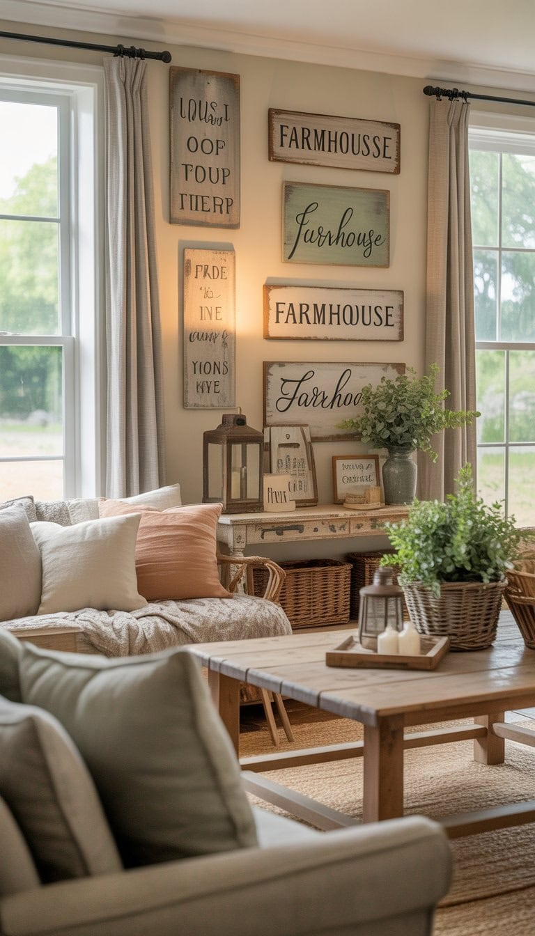 A cozy country living room with a comfortable sofa, wooden coffee table, potted plants, and rustic farmhouse decorations on the walls.