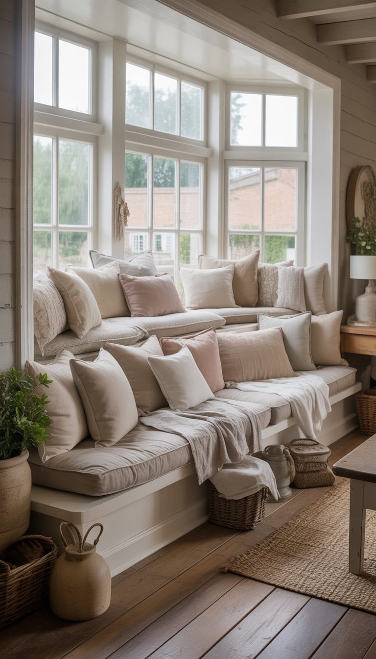 A country living room with large window seats filled with layered cushions and natural light coming through the windows.