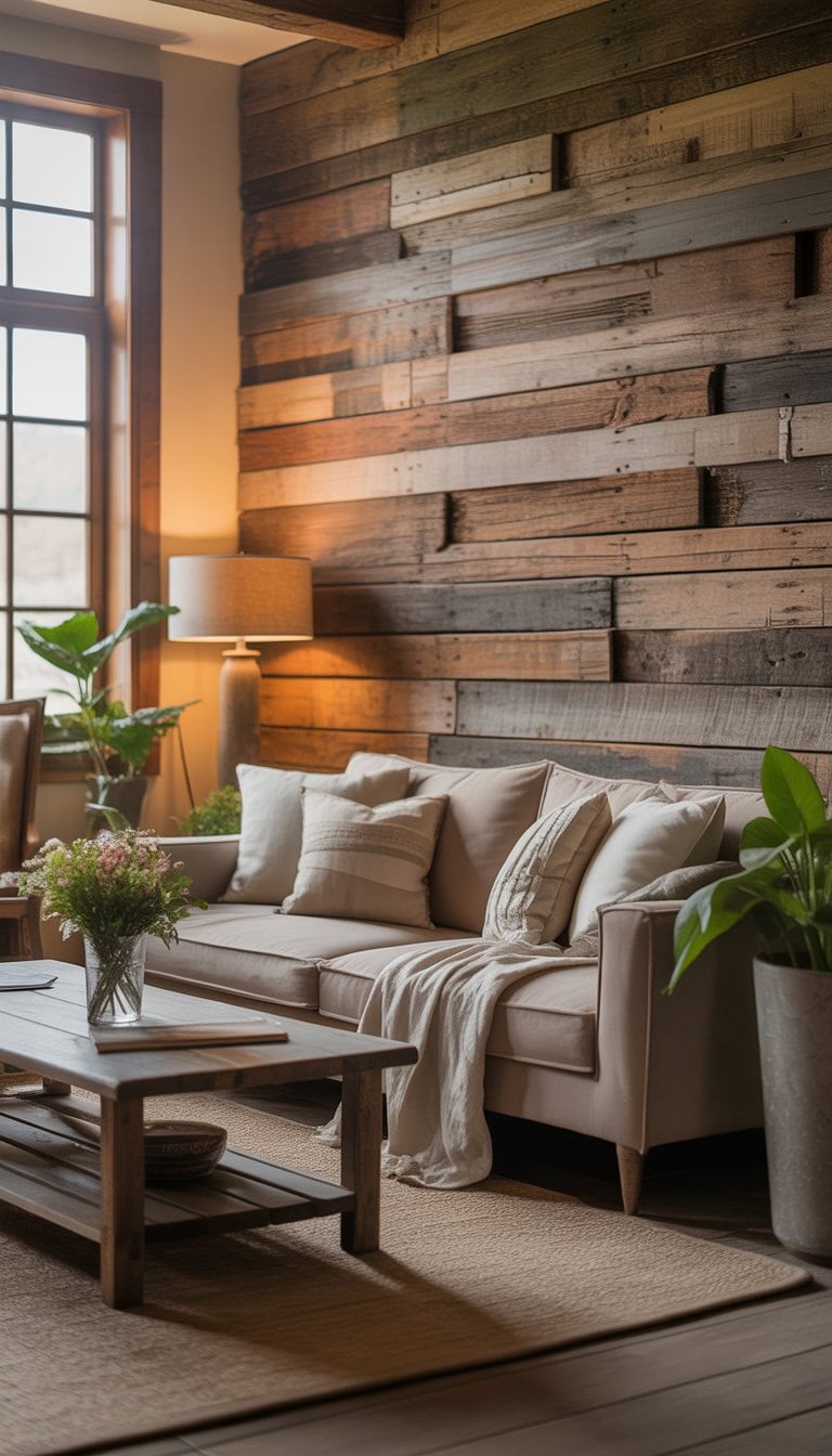 A cozy living room with a reclaimed barn wood accent wall, sofa, coffee table, plants, and natural light.