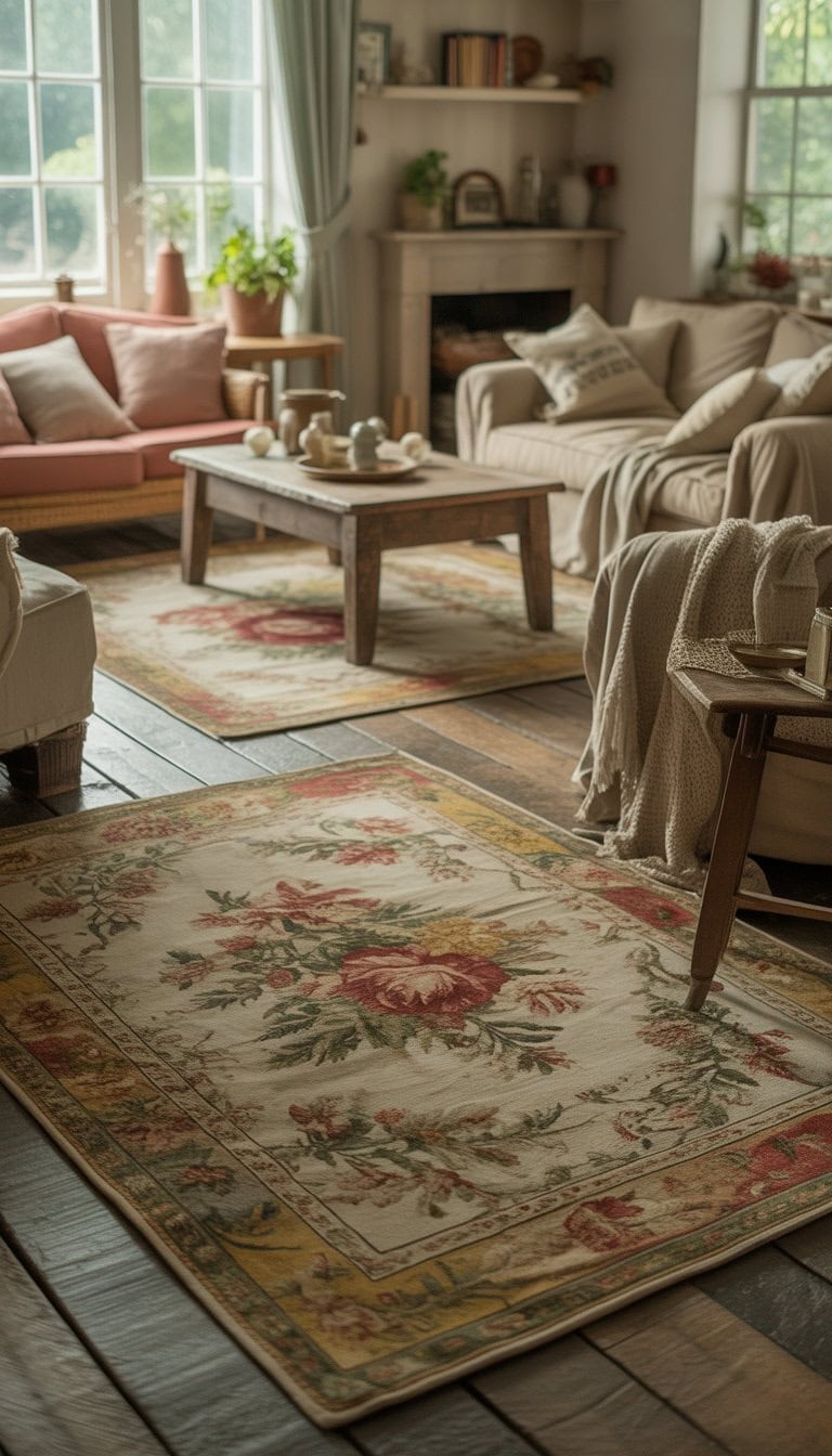 A cozy living room with floral patterned rugs, a sofa, armchairs, a wooden coffee table, and natural light coming through windows.