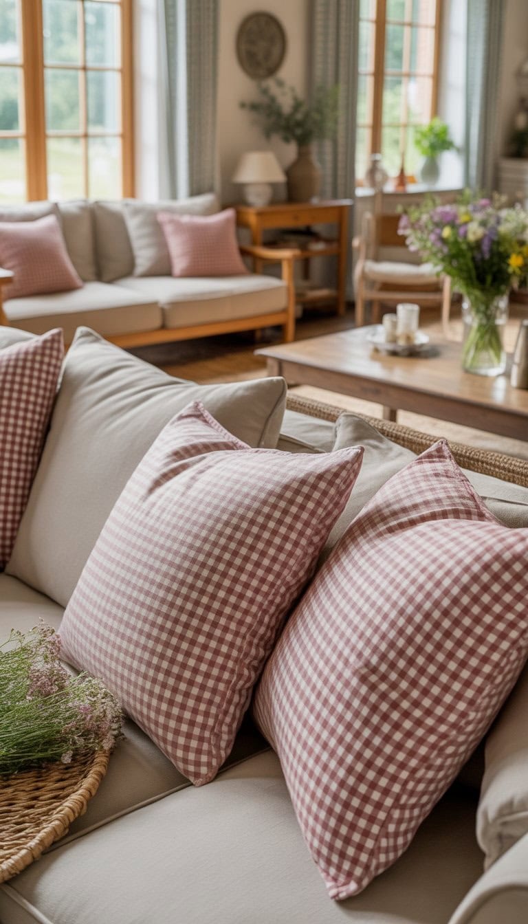 A cozy living room with a sofa decorated with red and white gingham pillows, wooden furniture, a coffee table with flowers, and natural light coming through the windows.