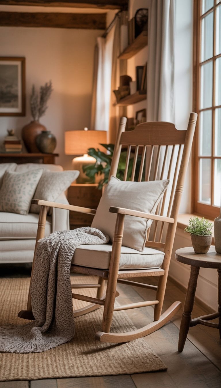 A wooden rocking chair next to a window in a warm, inviting living room with cozy furnishings and natural light.