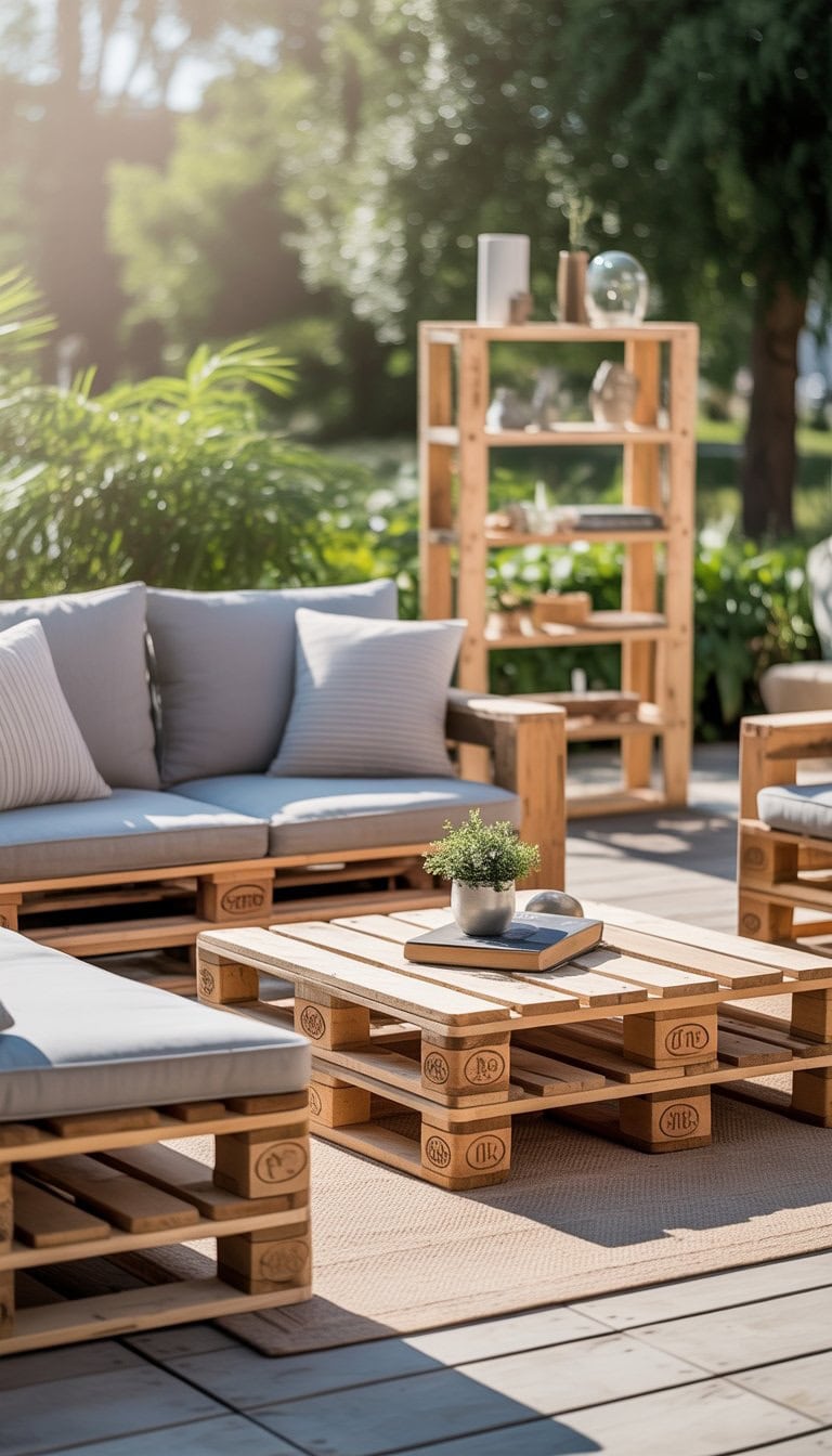Outdoor patio with comfortable pallet furniture including a sofa, coffee table, and shelving surrounded by greenery.