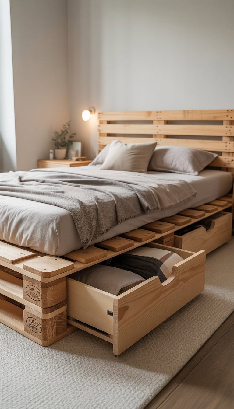 A wooden pallet bed frame with built-in storage drawers in a bright bedroom.