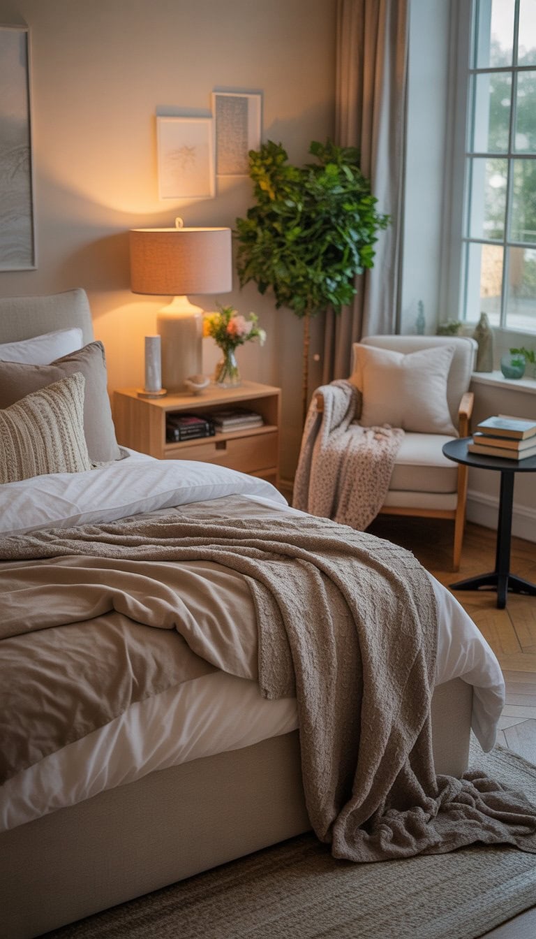 A cozy guest bedroom with a neatly made bed, a wooden nightstand with a lamp and flowers, an armchair by the window, and plants, all bathed in natural light.