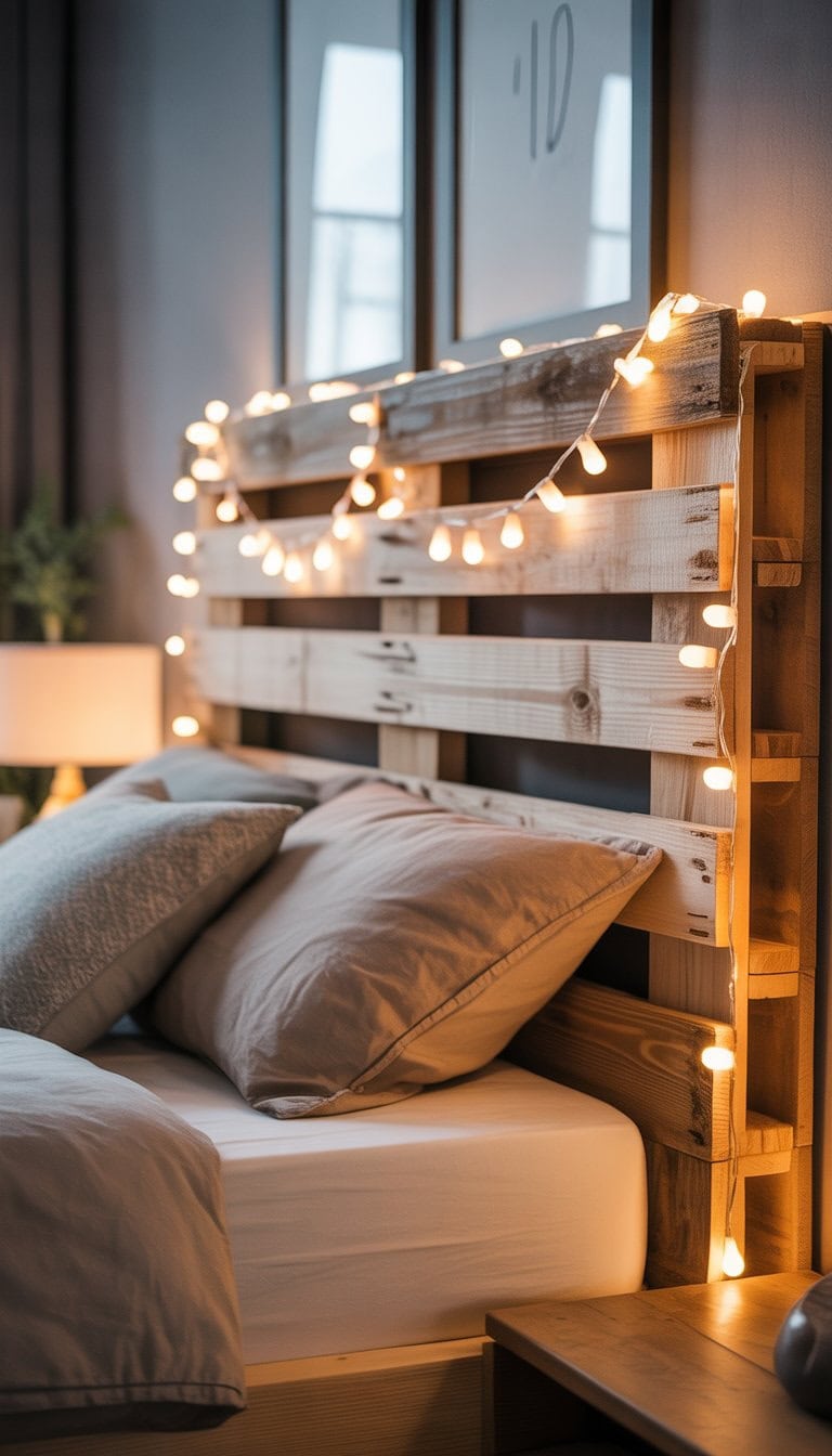 A bedroom with a wooden pallet headboard decorated with string lights above a neatly made bed.
