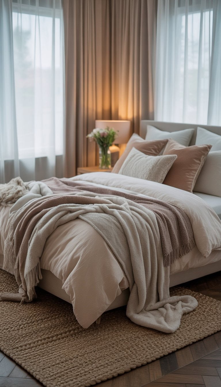 A guest bedroom with a bed layered with soft throws and cushions, a textured rug on the floor, and natural light coming through sheer curtains.
