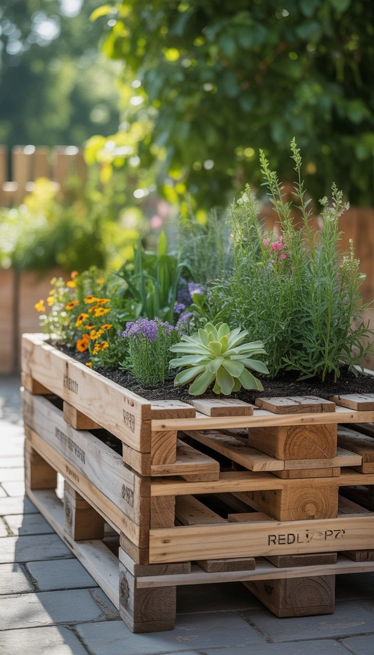 A wooden pallet garden planter box filled with green plants and colorful flowers in a sunlit outdoor garden.