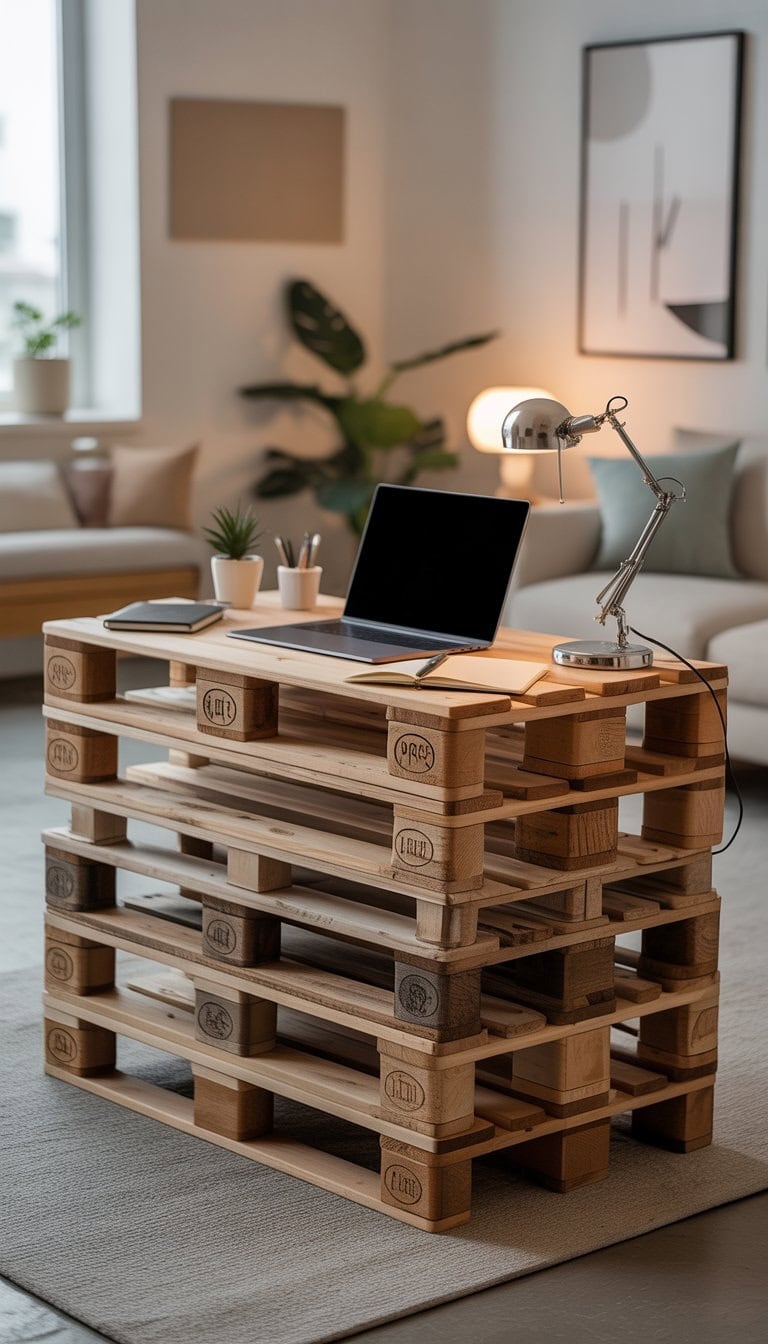 Compact wooden pallet desk in a bright room with a laptop, plant, notebook, and lamp on top.