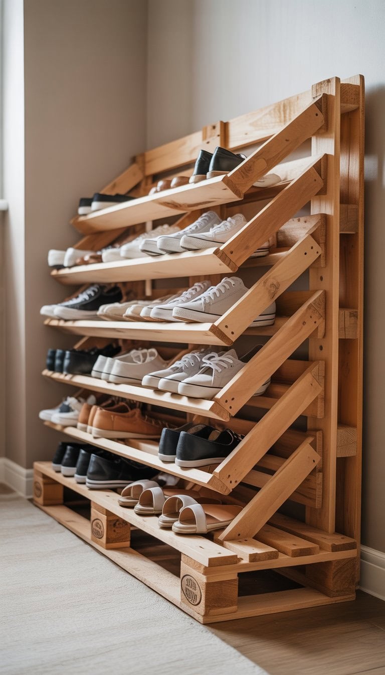 A wooden pallet shoe rack with slanted shelves holding various pairs of shoes indoors.