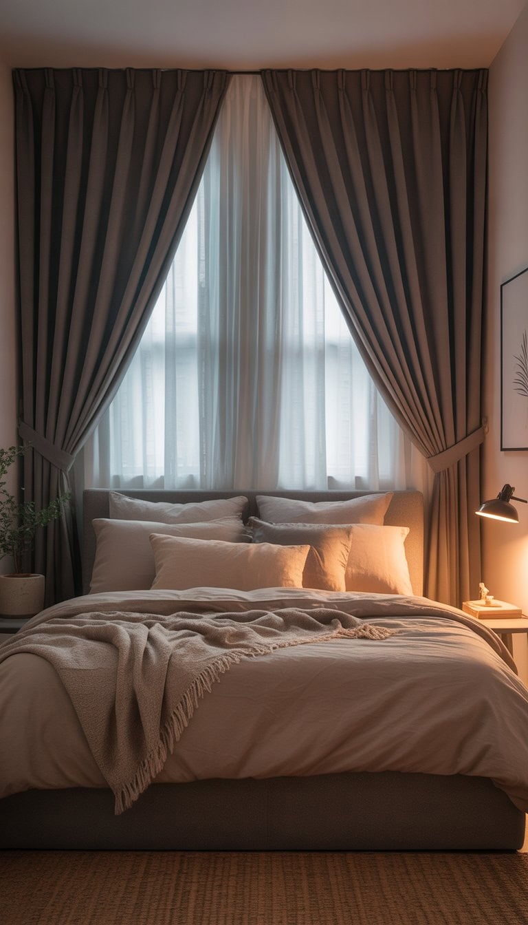 A cozy guest bedroom with a neatly made bed and blackout curtains covering the window to block out light.