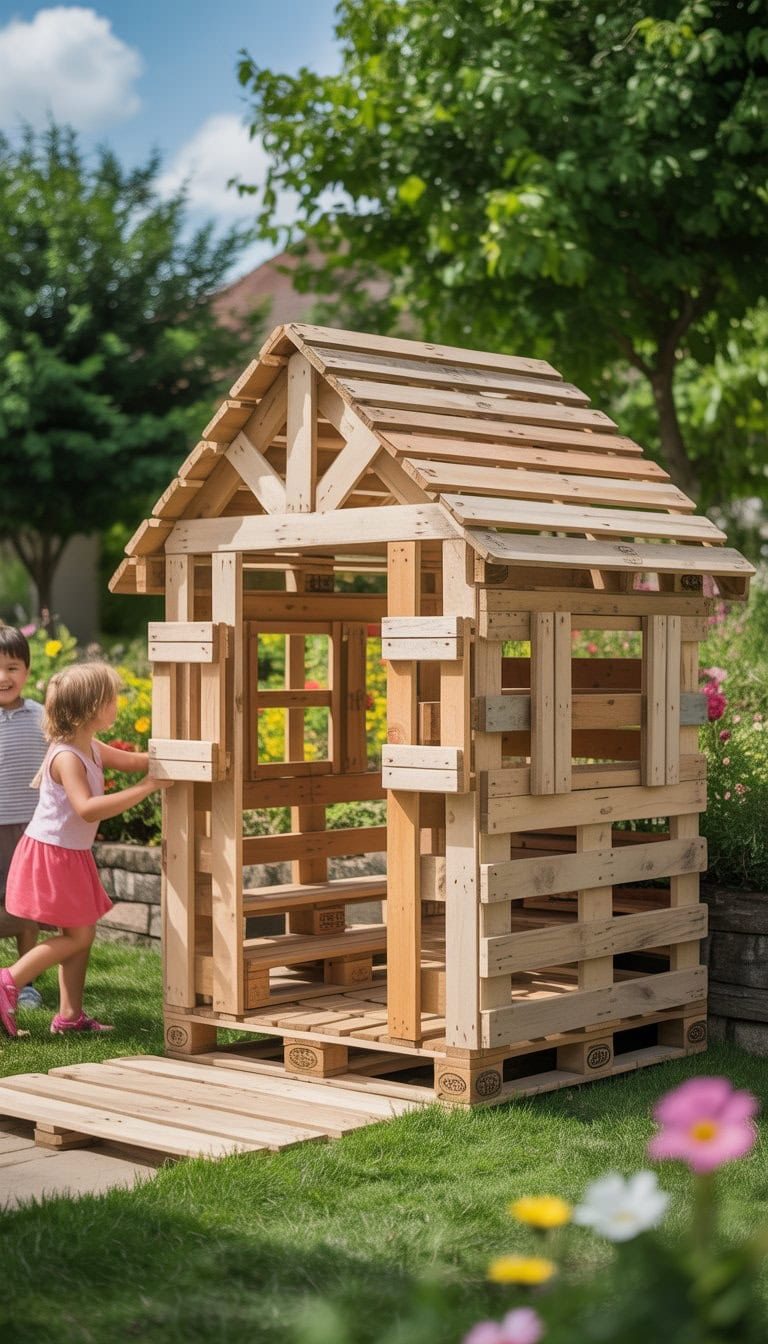 Outdoor children's playhouse made from wooden pallets in a garden with children playing nearby.