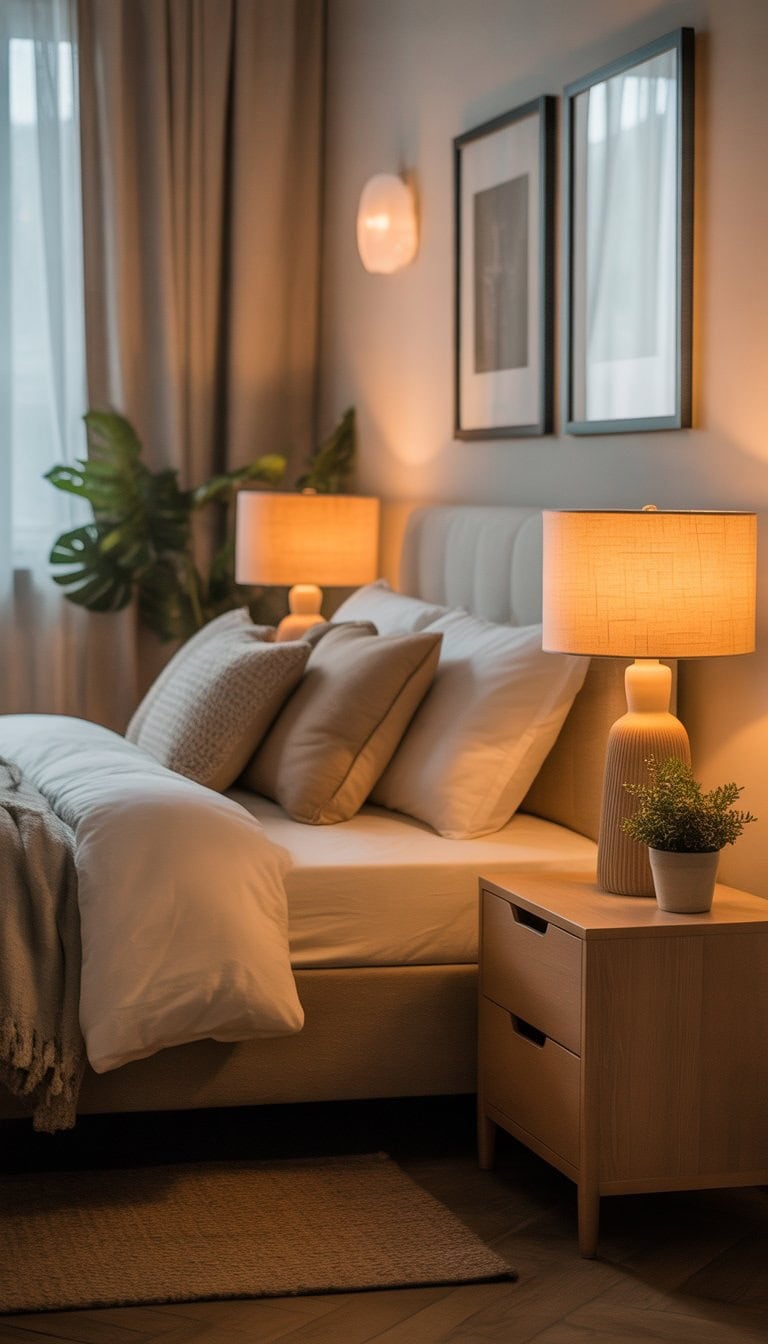 A cozy guest bedroom with a neatly made bed, bedside lamps emitting warm light, and tasteful decor creating a welcoming atmosphere.