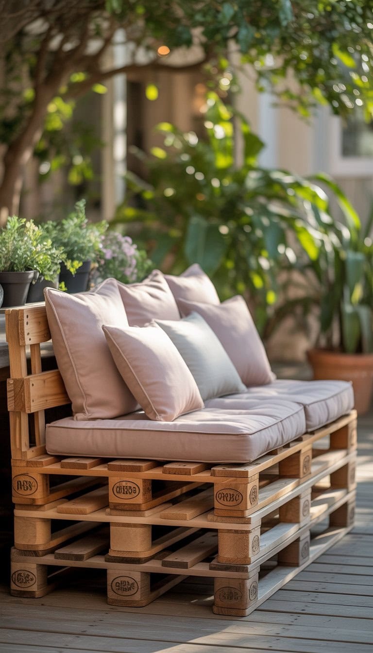 A wooden pallet bench with cushions placed outdoors on a wooden deck surrounded by plants.
