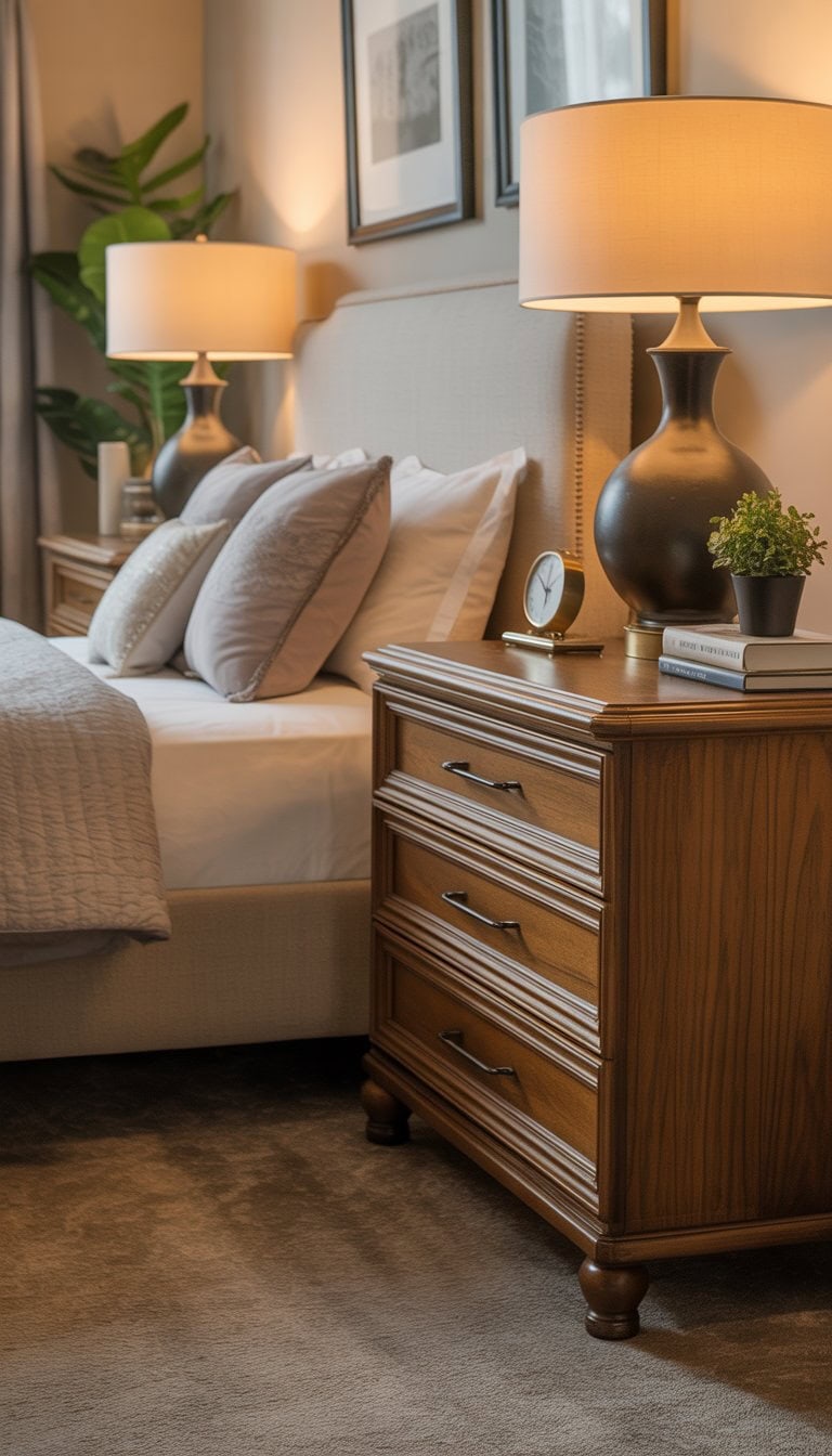 A guest bedroom with a neatly made bed and two large nightstands with drawers on each side, each topped with a lamp and small decorative items.