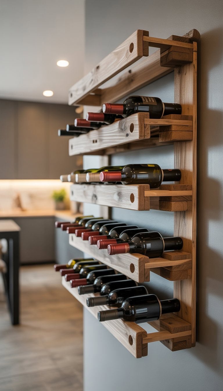 Wall-mounted wooden wine rack holding several wine bottles in a modern kitchen setting.