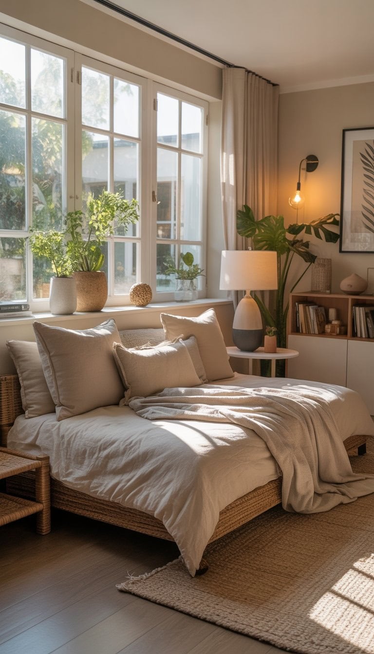 A bright guest bedroom with a comfortable daybed, side table with lamp, plants, and a bookshelf.