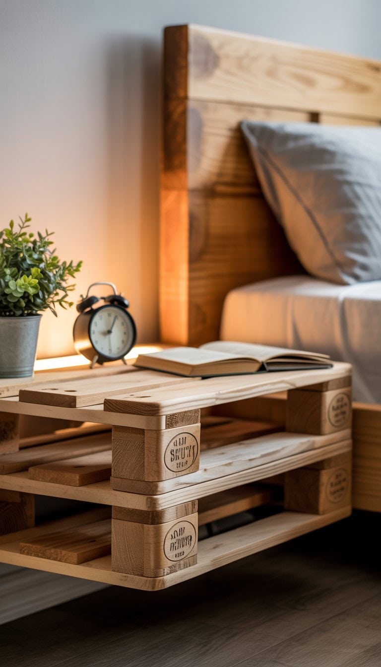 A wooden floating nightstand made from pallets mounted on a white wall next to a bed with neutral bedding, featuring a small plant, alarm clock, and book on top.