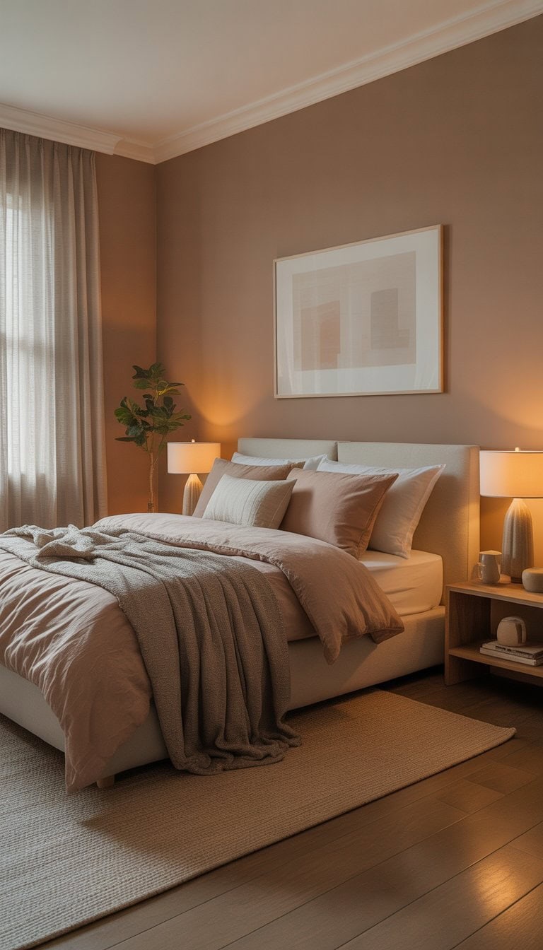 A cozy guest bedroom with a comfortable bed, warm neutral walls, soft bedding, bedside tables with lamps, a small plant, and natural light coming through sheer curtains.
