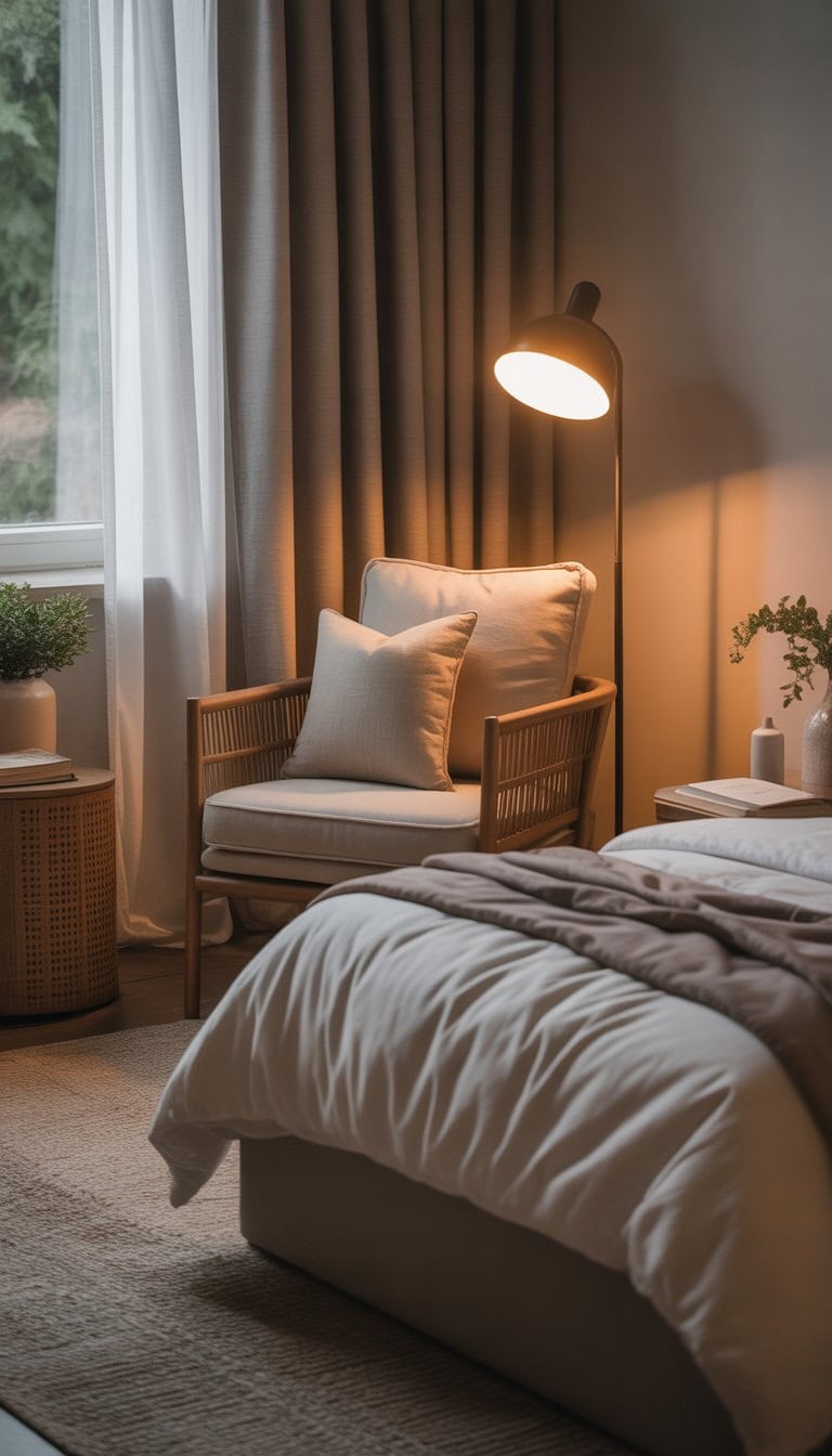 A guest bedroom with a small reading nook that includes a chair and a floor lamp next to a window.